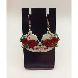 Acrylic Skull Earrings with Red Roses Double-Sided Design Stainless Steel Hooks